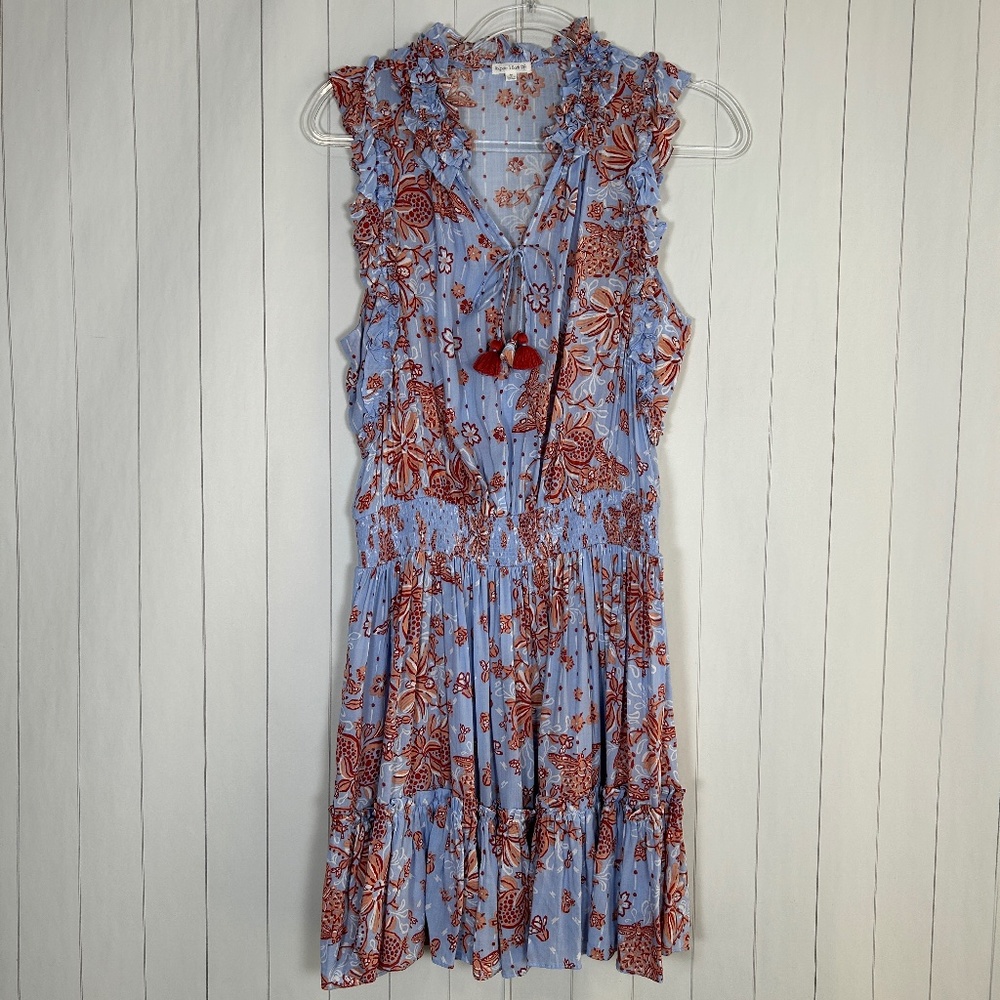 Poupette St Barth size M Triny mini dress blue orange floral tasseled viscose